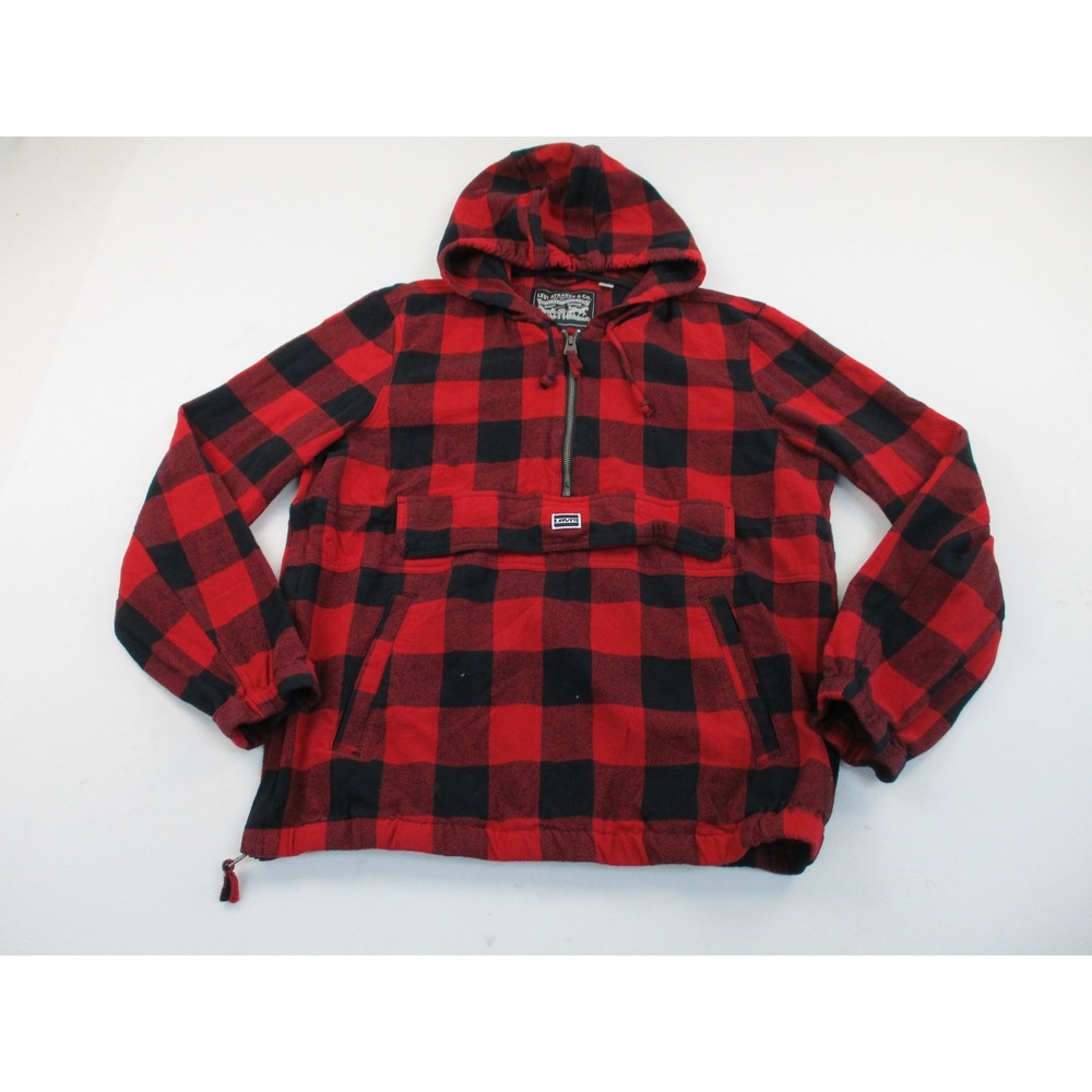 Levis Anorak Jacket Mens M Red Buffalo Plaid Quarter Zip Hooded Pullover Utility